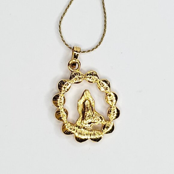 Vintage Praying Hands Pendant Necklace Rhinestones Pink Purple Blue Goldtone - Picture 3 of 3